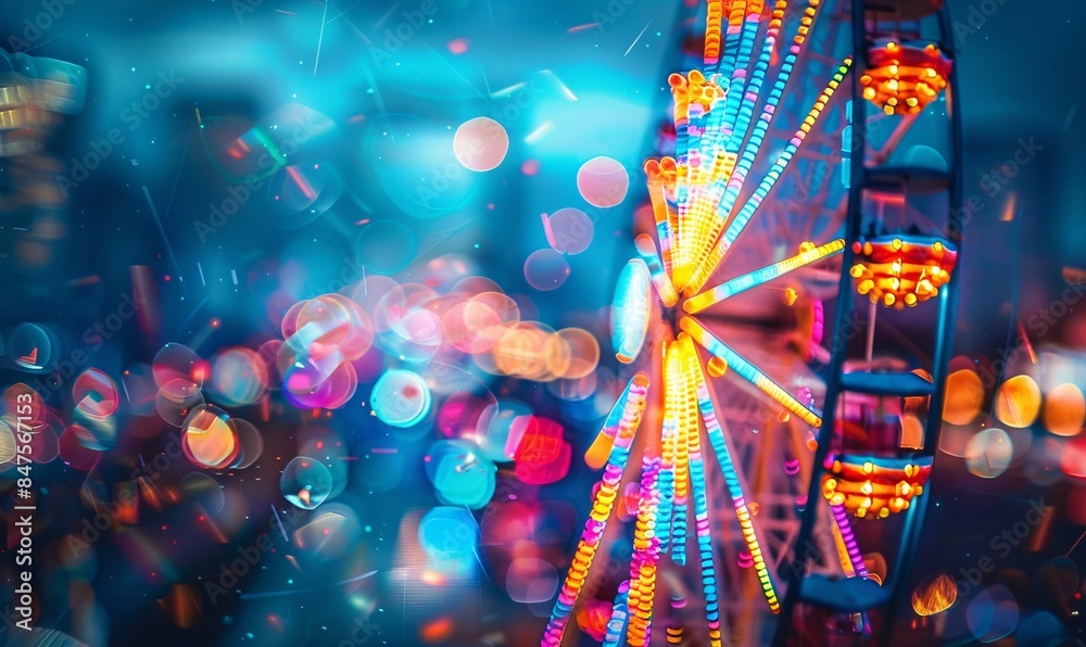 a vibrant abstract background with a defocused Ferris wheel's colorful lights, offering generous space for text insertion