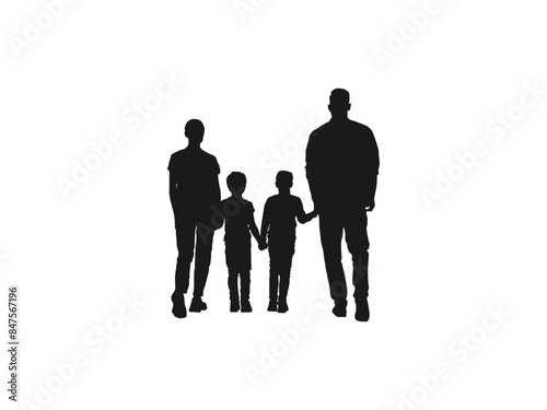 back view family standing silhouettes vector. Vector silhouettes of group of young people with children in their arms. people look to the future. vector illustration isolated on white background.