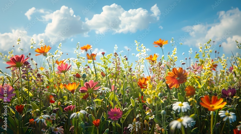 Vibrant Wildflowers Blooming in Springtime Meadow with Soft Light and Shadows Vibrant Wildflowers Blooming in Springtime Meadow with Soft Light and Shadows