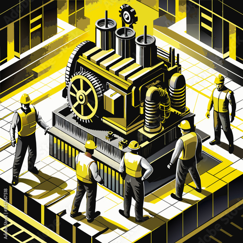 Isometric Illustration of an Engineer Maintaining a Machine: Industrial Worker Fixing Equipment in Factory, Isolated Vector






