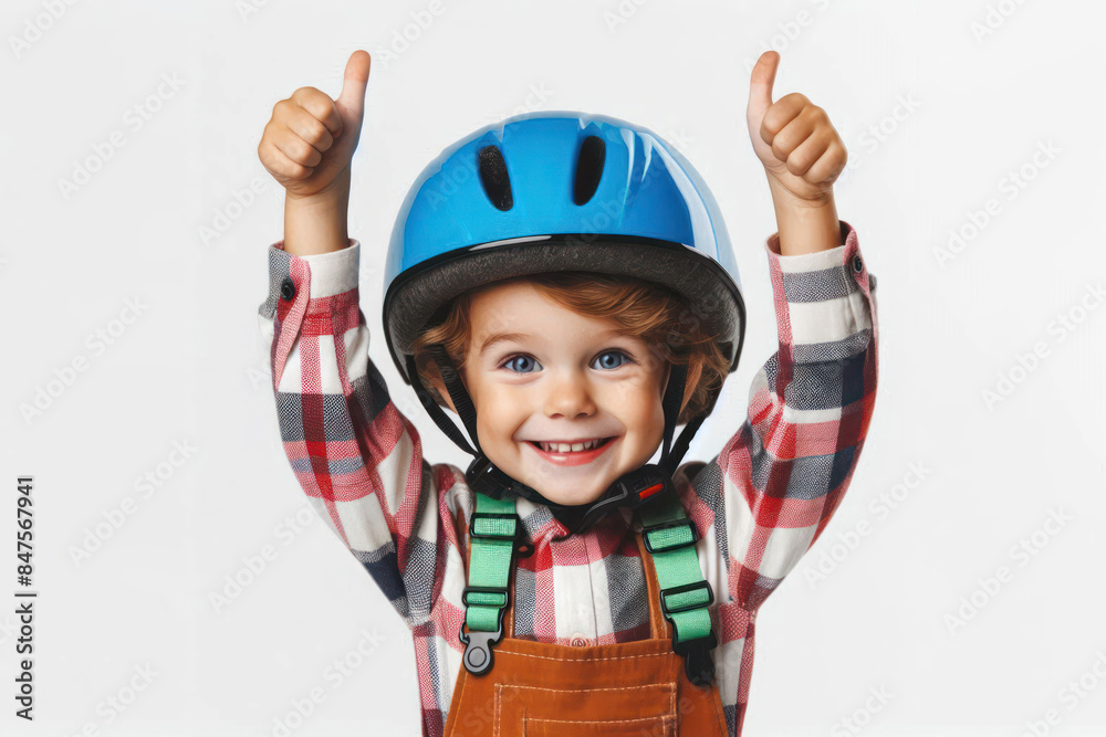 a playful funny kid in a safety bicycle helmet Isolated on white background a playful funny kid in a safety bicycle helmet Isolated on white background