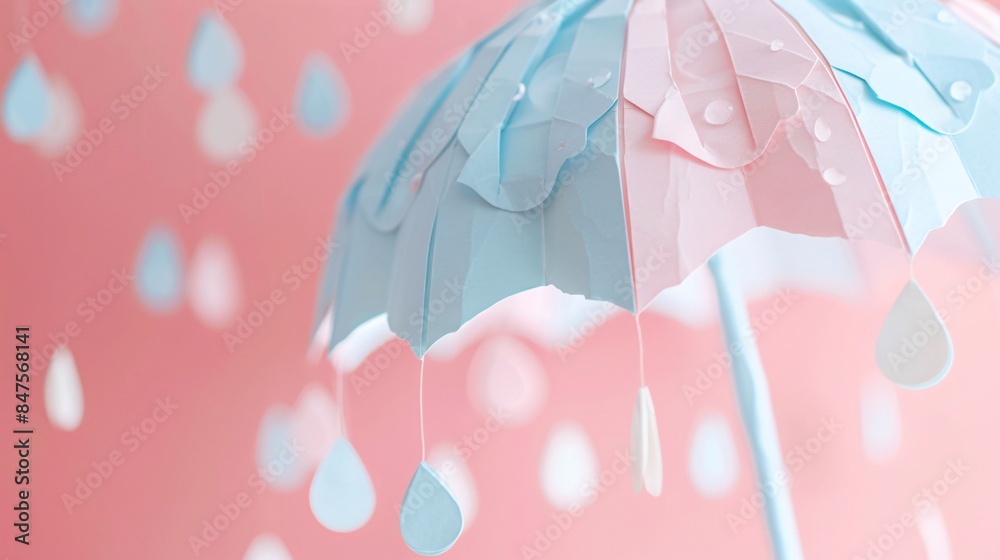 Obraz premium A charming umbrella adorned with delicate paper-cut raindrops, featuring a soothing pastel palette of soft blues and pinks, perfect for adding a touch of whimsy to any monsoon-themed project.