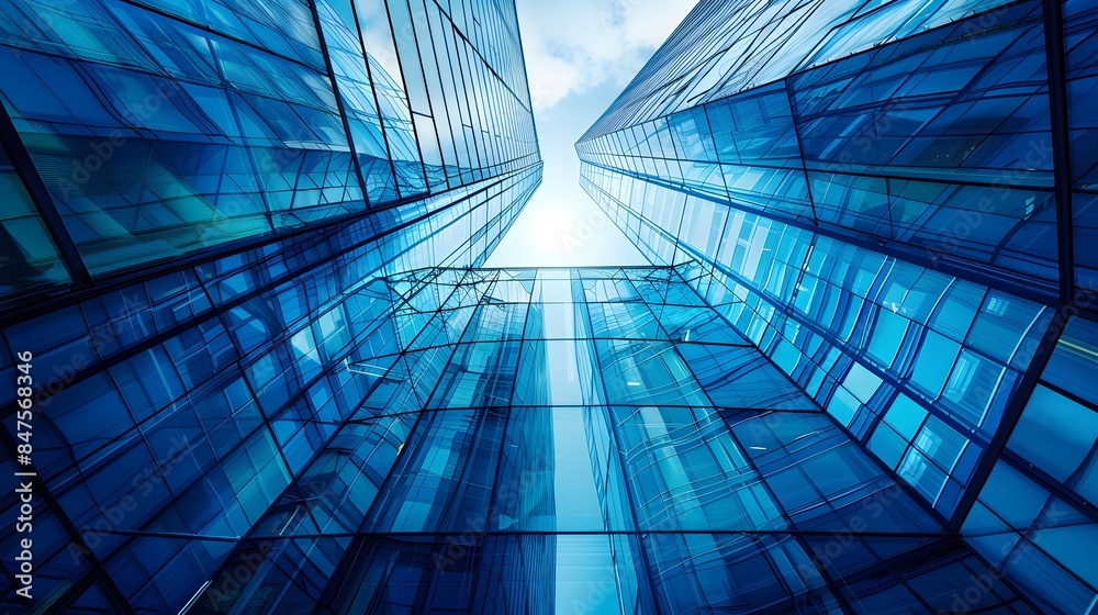 Obraz premium An image of a futuristic office building with a glass exterior in blue tones.
