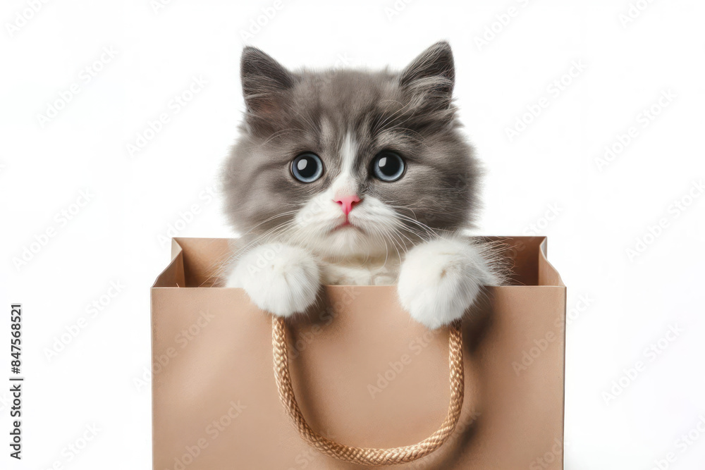 Funny cat peeking out of a shopping bag Isolated Funny cat peeking out of a shopping bag Isolated