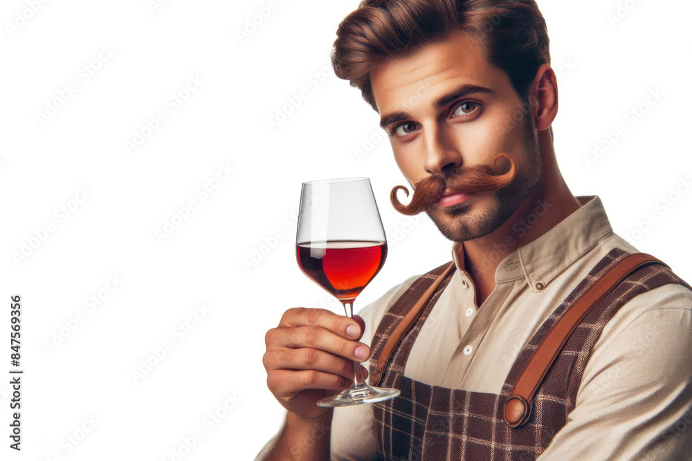 Man with a sommelier mustache holding a glass of wine Isolated on white background Man with a sommelier mustache holding a glass of wine Isolated on white background