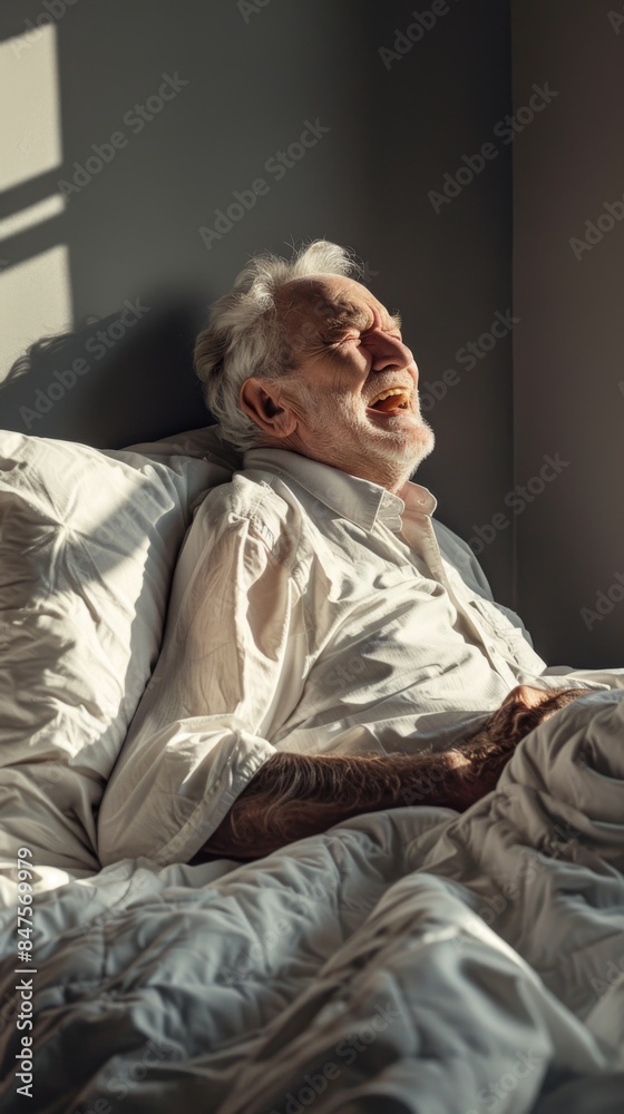 Caucasian old man waking up in the morning