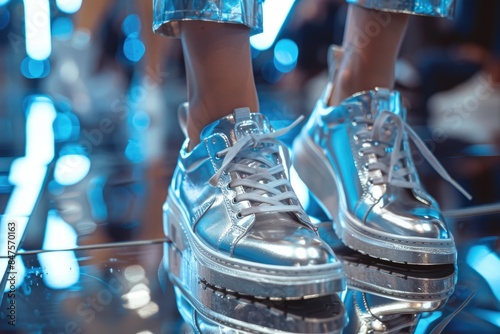 Futuristic Silver Sneakers on Reflective Surface in Trendy Urban Setting photo