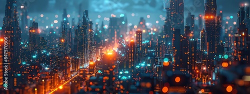 Futuristic Cityscape with Neon Lights in Nighttime Urban Skyline