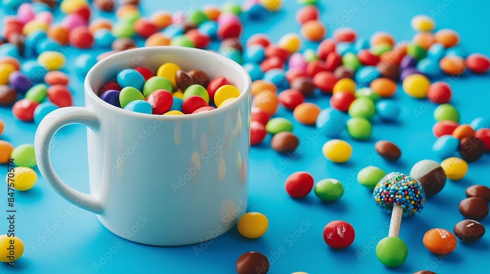 Colored candy and mug with toy isolated on colorful background Colored candy and mug with toy isolated on colorful background