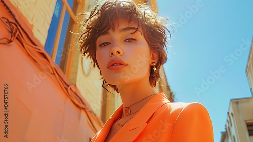 Confident Young Woman In Orange Blazer With Messy Short Hair Outdoor Portrait photo