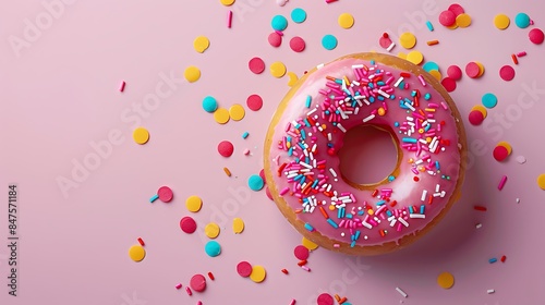 Colorful donut decorated icing and sprinkles isolated on colorful background photo