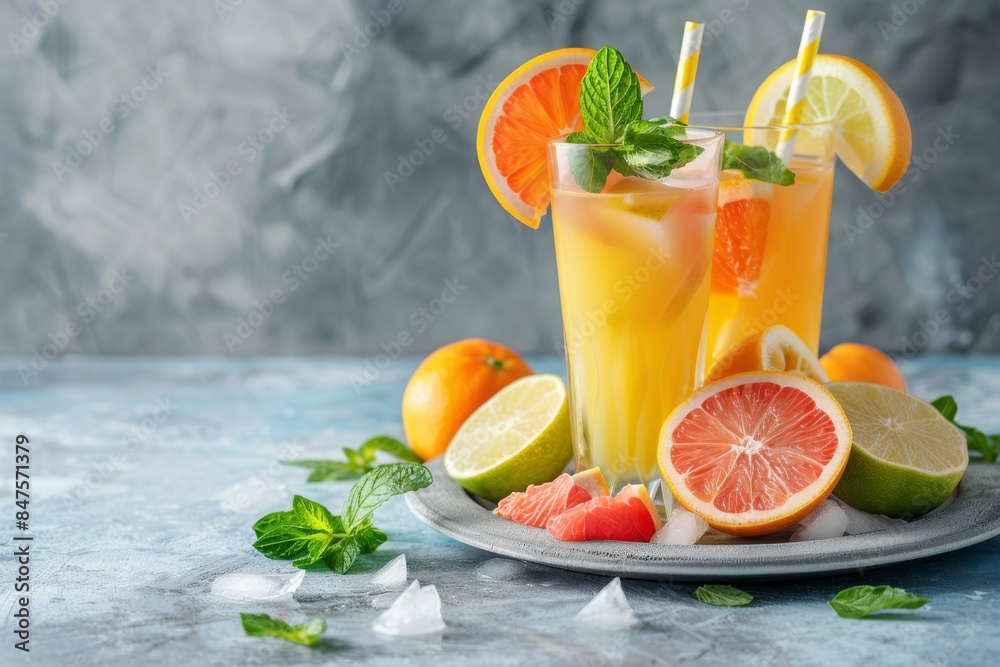 Fruit juice with diced citrus with copy space. Background, mockup with lemon, lime, orange Fruit juice with diced citrus with copy space. Background, mockup with lemon, lime, orange