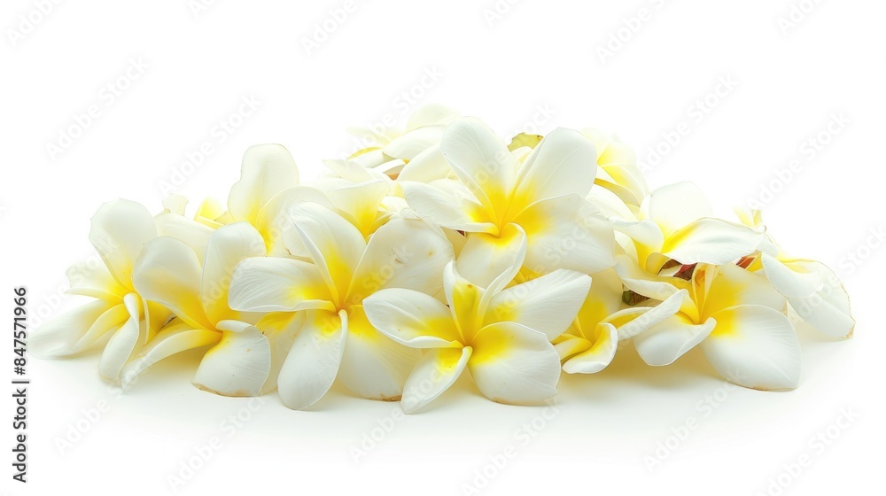 Close up of a solitary bouquet of white yellow Plumeria flowers isolated on a white background Close up of a solitary bouquet of white yellow Plumeria flowers isolated on a white background