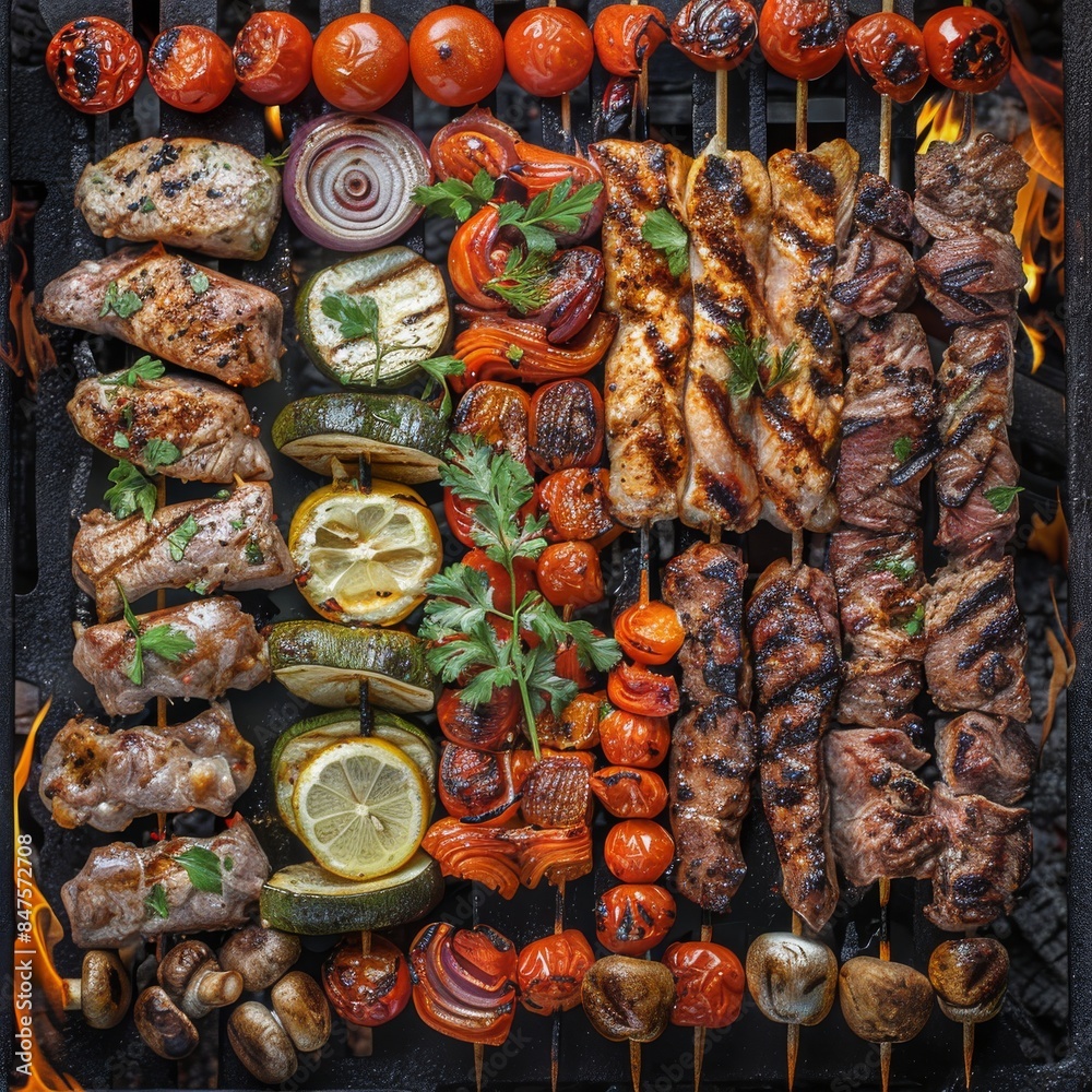 Grilled Lule Kebab, Barbecue Vegetables, Fish on Grill Big Set, Skewered Bbq Minced Meat Mix Grilled Lule Kebab, Barbecue Vegetables, Fish on Grill Big Set, Skewered Bbq Minced Meat Mix