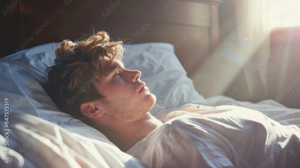 Caucasian young man waking up in the morning Caucasian young man waking up in the morning