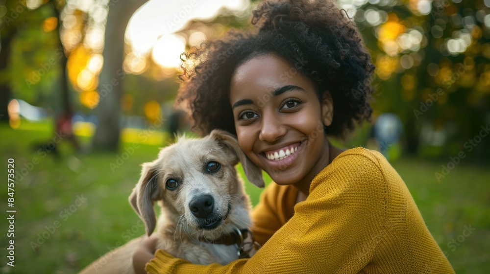 Happy black woman hugs her dog Happy black woman hugs her dog