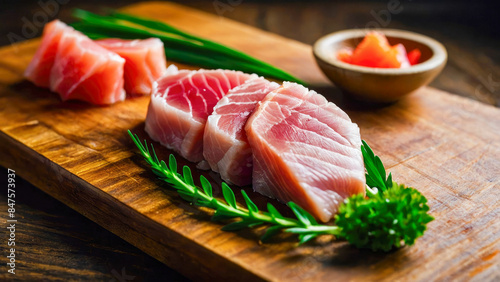 Close up of fresh raw tuna fillet steak and sashimi on wooden board background, delicious food for dinner