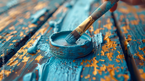 A close-up of a paintbrush with blue paint on a wooden textured