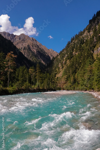 Beautiful clean blue river flowing in the mountain