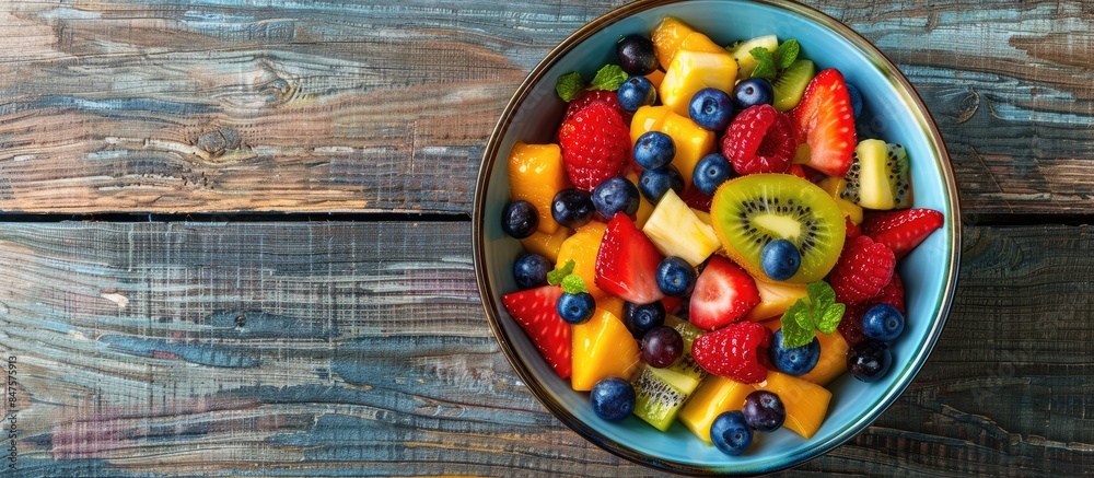 Top-down view of a bowl filled with fresh fruit salad on a wooden background, promoting a vegetarian food idea Top-down view of a bowl filled with fresh fruit salad on a wooden background, promoting a vegetarian food idea