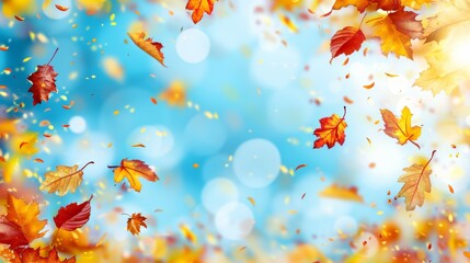 Autumn leaves dancing in the wind  fall foliage against blue sky with clouds   banner background