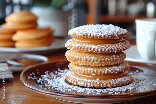 Argentina: Alfajores Two soft cookies sandwiching a layer of dulce de leche, edges rolled in shredded coconut, and a dusting of powdered sugar on top.  © Nico