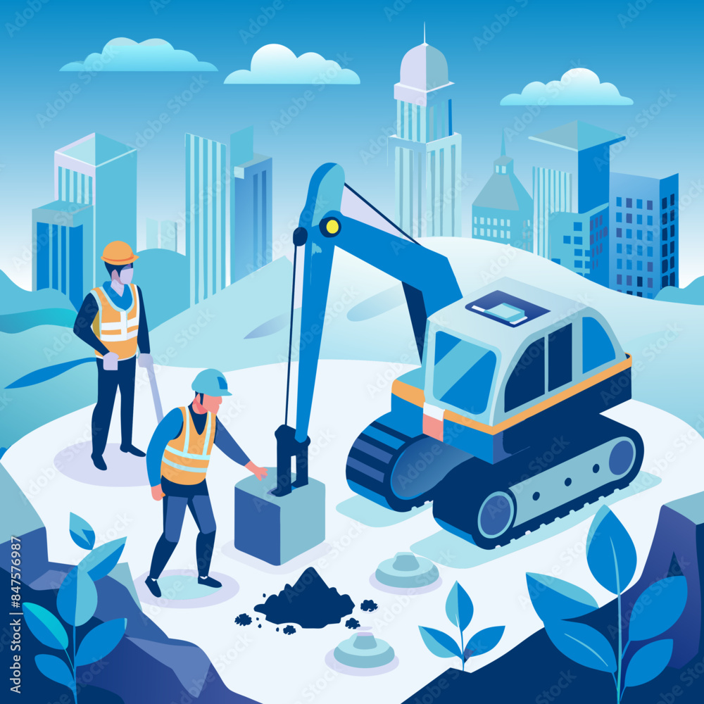 Naklejka premium Illustration of Backhoe Digging at Construction Site: Engineer and Worker Collaborating - Work Together Concept, Cartoon Vector AI Generative