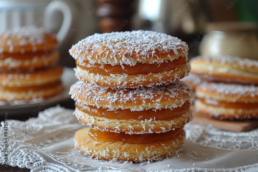 Argentina: Alfajores Two soft cookies sandwiching a layer of dulce de leche, edges rolled in shredded coconut, and a dusting of powdered sugar on top. Argentina: Alfajores Two soft cookies sandwiching a layer of dulce de leche, edges rolled in shredded coconut, and a dusting of powdered sugar on top.