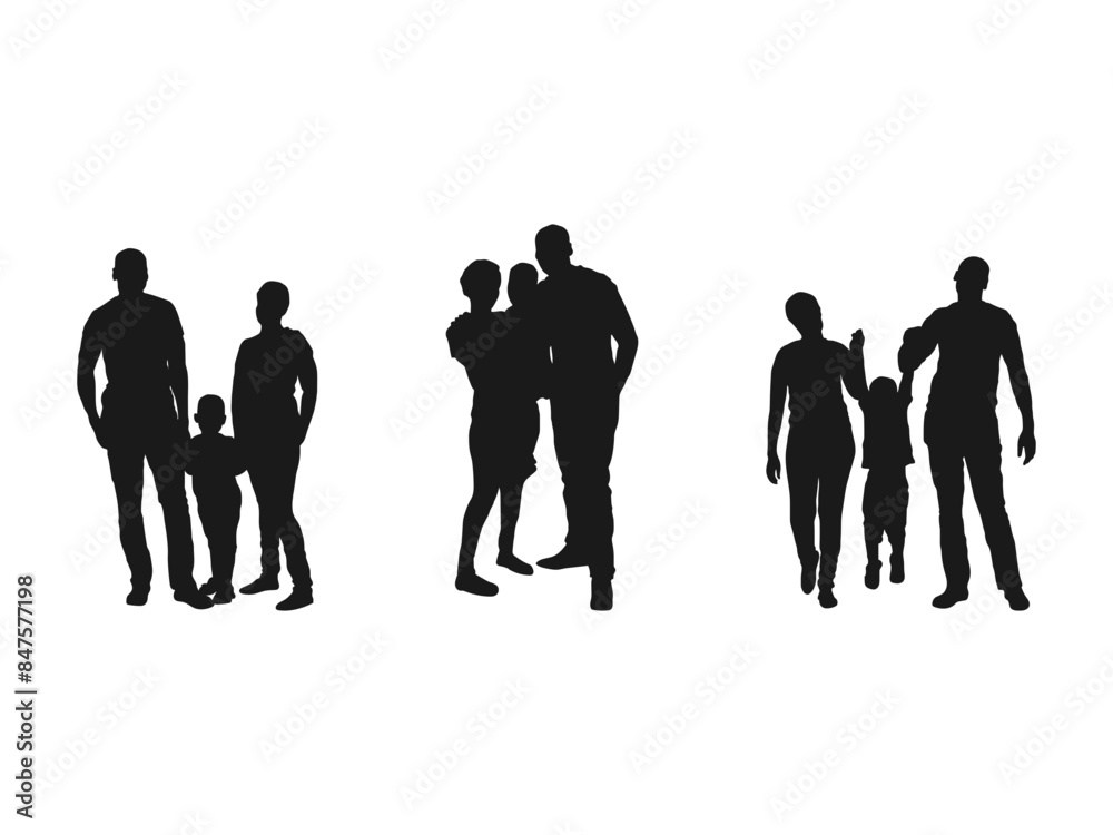 family Standing silhouettes vector. Set of vector silhouettes of a family, men, women, teenager and children, group of standing people. vector illustration isolated on white background.
