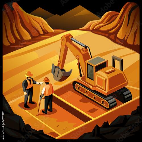 Illustration of Backhoe Digging at Construction Site: Engineer and Worker Collaborating - Work Together Concept, Cartoon Vector AI Generative