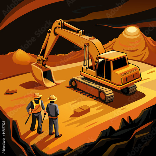 Illustration of Backhoe Digging at Construction Site: Engineer and Worker Collaborating - Work Together Concept, Cartoon Vector AI Generative