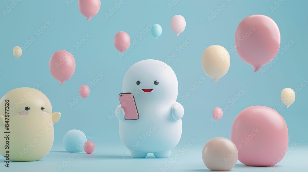Adorable Cartoon Style 3D Character Happily Texting on a Smartphone with Colorful Speech Bubbles Floating Around a Pastel Blue Background Adorable Cartoon Style 3D Character Happily Texting on a Smartphone with Colorful Speech Bubbles Floating Around a Pastel Blue Background