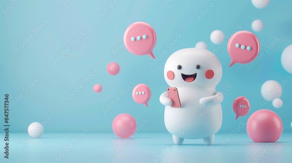 Cheerful 3D Character Texting on Pastel Blue Background with Speech Bubbles   Friendly Digital of a Smiling Cartoon Figure Holding a Smartphone and Engaging in Digital Communication