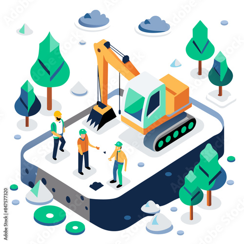 Illustration of Backhoe Digging at Construction Site: Engineer and Worker Collaborating - Work Together Concept, Cartoon Vector AI Generative