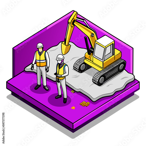 Illustration of Backhoe Digging at Construction Site: Engineer and Worker Collaborating - Work Together Concept, Cartoon Vector AI Generative