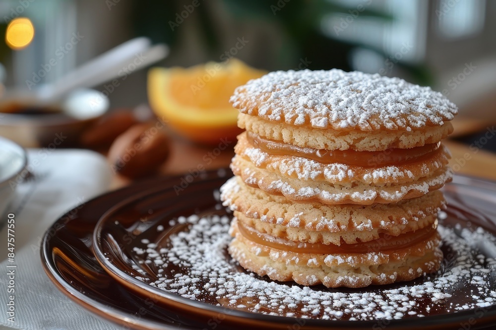 Argentina: Alfajores Two soft cookies sandwiching a layer of dulce de leche, edges rolled in shredded coconut, and a dusting of powdered sugar on top. Argentina: Alfajores Two soft cookies sandwiching a layer of dulce de leche, edges rolled in shredded coconut, and a dusting of powdered sugar on top.