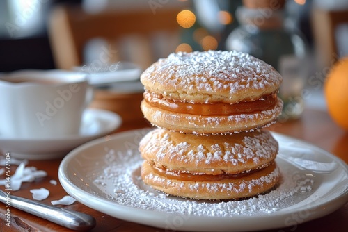 Argentina: Alfajores Two soft cookies sandwiching a layer of dulce de leche, edges rolled in shredded coconut, and a dusting of powdered sugar on top.  © Nico