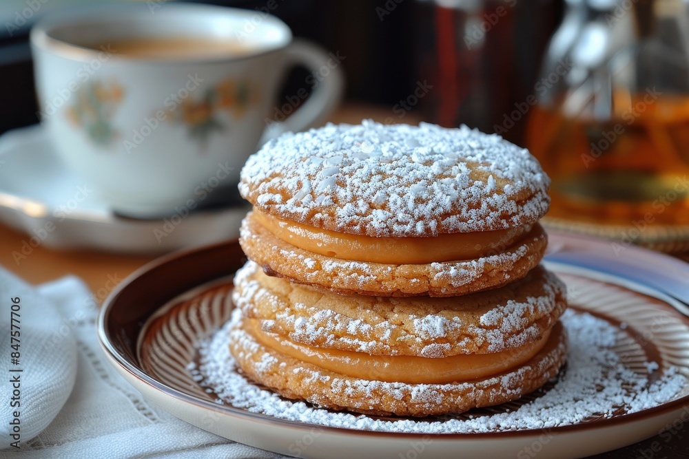 Argentina: Alfajores Two soft cookies sandwiching a layer of dulce de leche, edges rolled in shredded coconut, and a dusting of powdered sugar on top. Argentina: Alfajores Two soft cookies sandwiching a layer of dulce de leche, edges rolled in shredded coconut, and a dusting of powdered sugar on top.