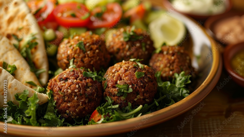 A delicious falafel plate served with freshly baked pita bread and a crisp salad A delicious falafel plate served with freshly baked pita bread and a crisp salad