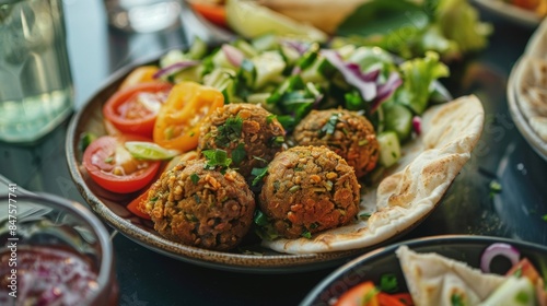 A delicious falafel plate served with freshly baked pita bread and a crisp salad