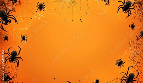 halloween background with spider web and cobwebs on orange  with background design photo