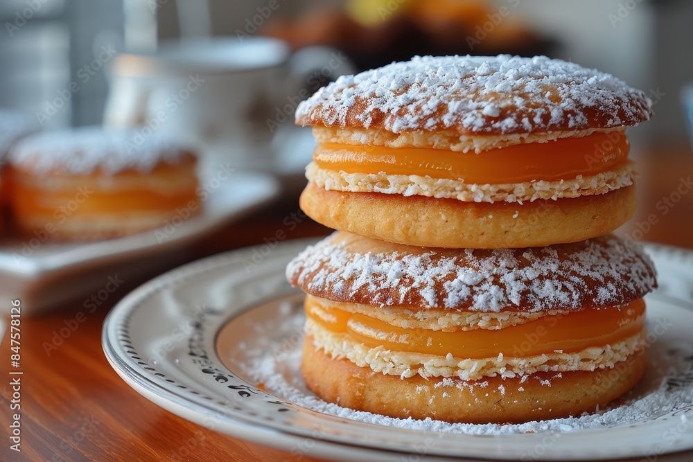 Argentina: Alfajores Two soft cookies sandwiching a layer of dulce de leche, edges rolled in shredded coconut, and a dusting of powdered sugar on top. Argentina: Alfajores Two soft cookies sandwiching a layer of dulce de leche, edges rolled in shredded coconut, and a dusting of powdered sugar on top.
