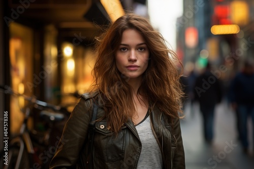 A woman with long brown hair is walking down a street wearing a leather jacket