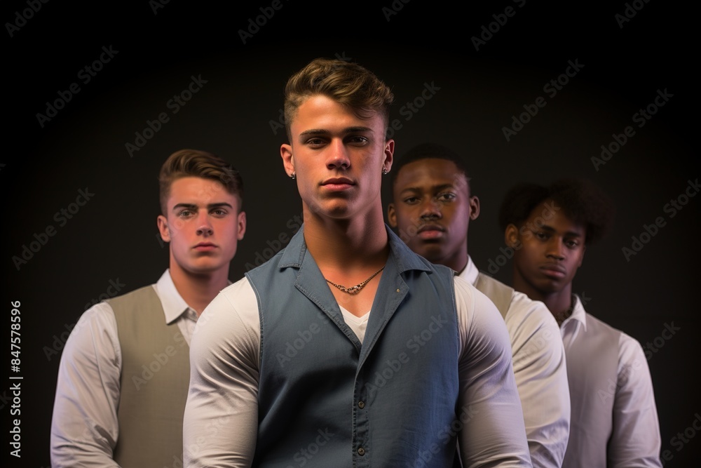 A group of four men are standing together, all wearing blue vests A group of four men are standing together, all wearing blue vests