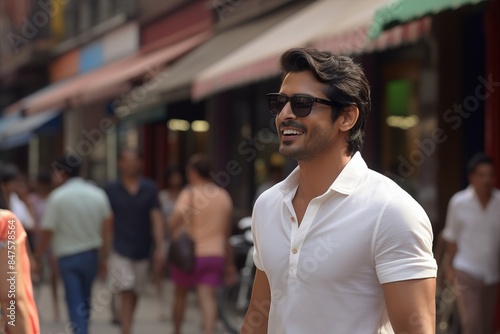 A man in a white shirt is smiling and walking down a street with other people © Juan Hernandez