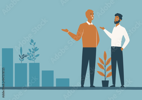 Young Professional Explaining Investment Strategy with Growth Chart Background Minimalistic Business Illustration