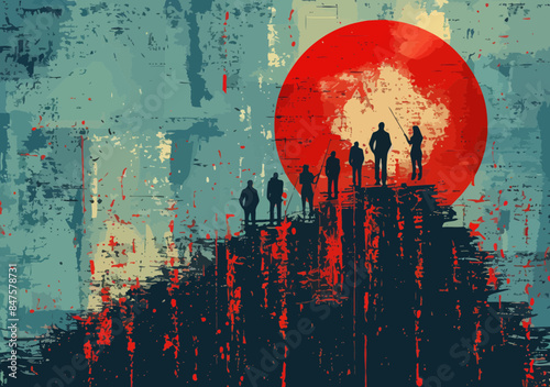 Abstract Business Team Reaching Goals Together at Sunset, Overcoming Challenges, Cooperation and Teamwork Concept Illustration, Red and Blue Artistic Background