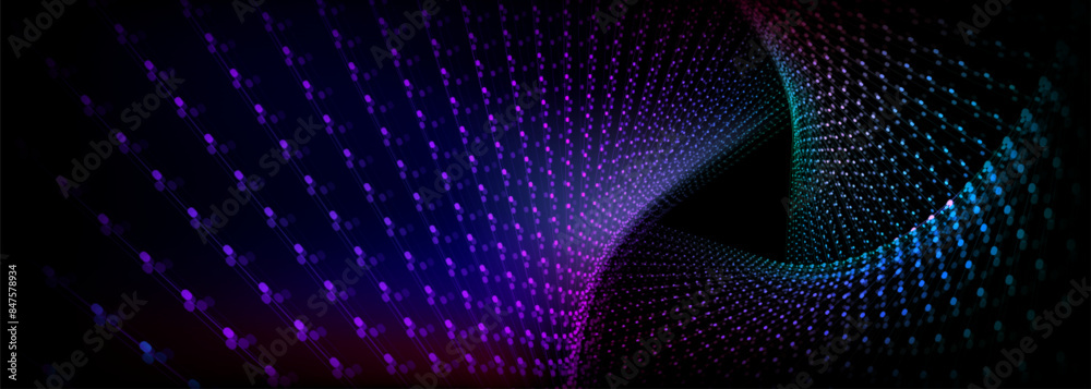 Naklejka premium Three abstract surfaces mage from neon glowing blue and purple dots and lines twist into triangular tunnel on black background. Realistic 3d vector geometric bg with triangle futuristic portal.