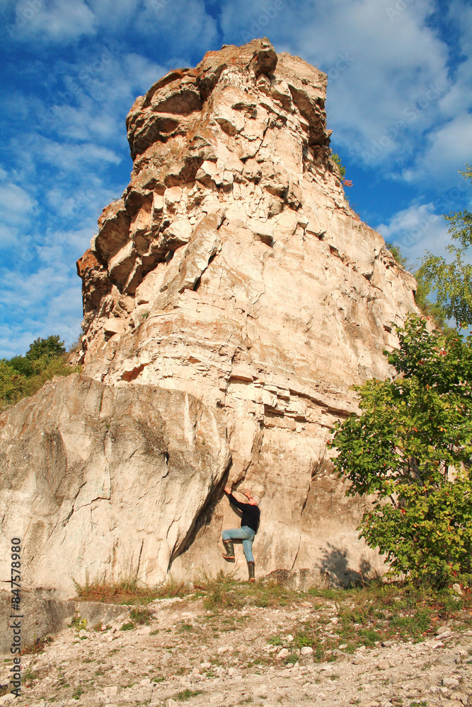Naklejka premium The rock of the mountain is called a camel, against the background of a blue sky, near the village of Shiryaevo, Samara region of Russia