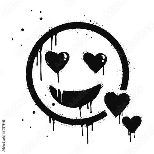 Smiling face emoticon character. Spray painted graffiti smile face with love in black over white. isolated on white background. vector illustration